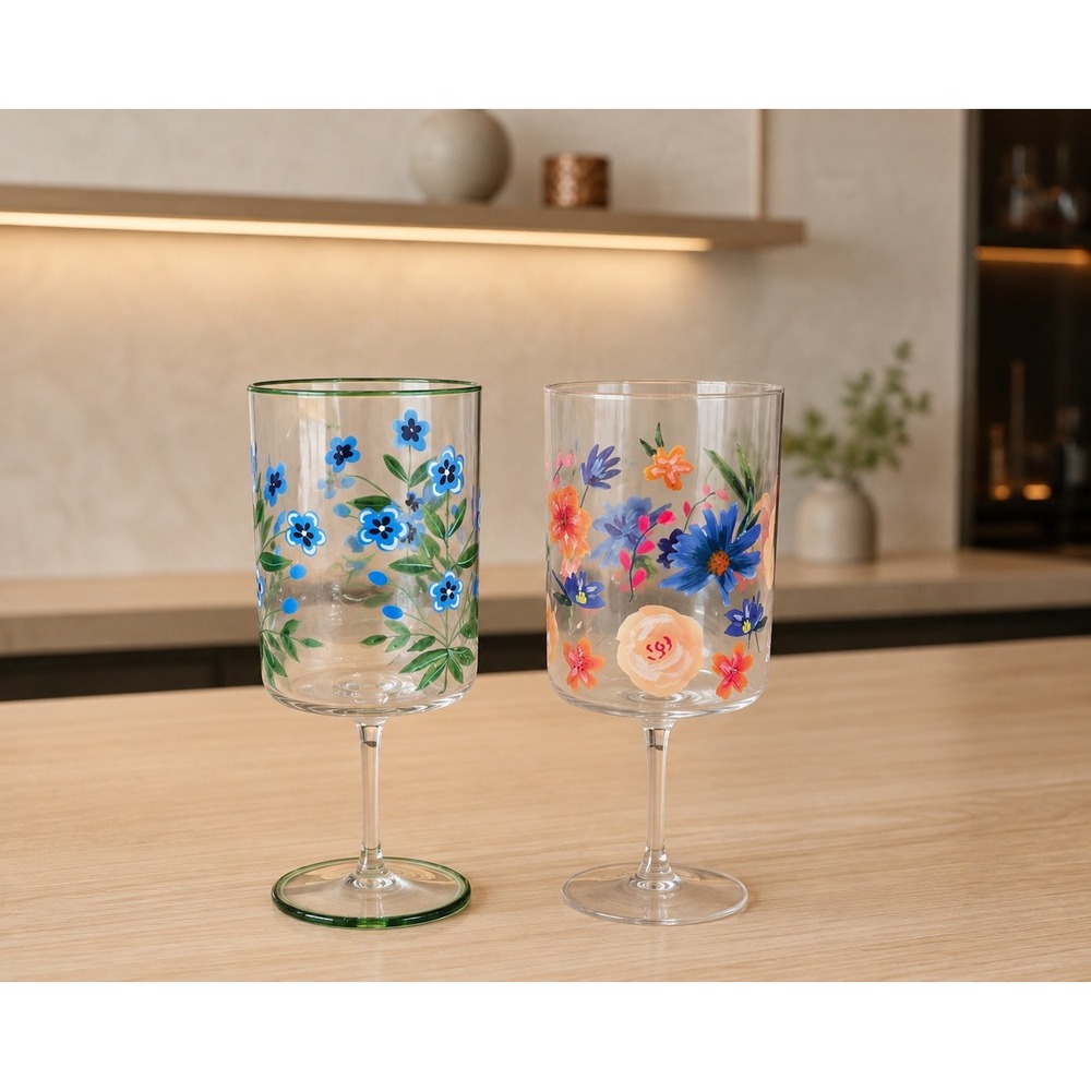 Papyrus Hand Painted Wine Glass Set 2 Floral Blue Orange Garden Artistic New